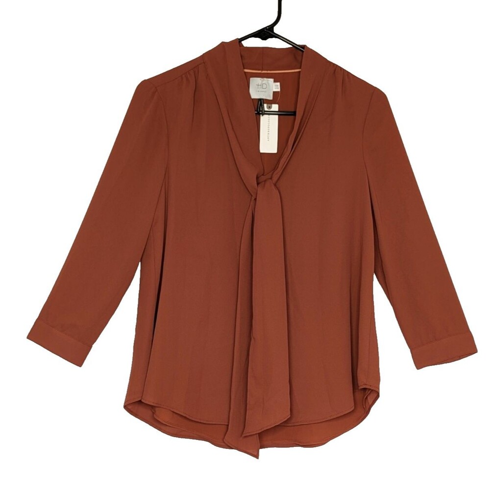 Anthropologie HD in Paris Womens Size 00 Burnt Orange Tie Neck Sheer Overlay Top